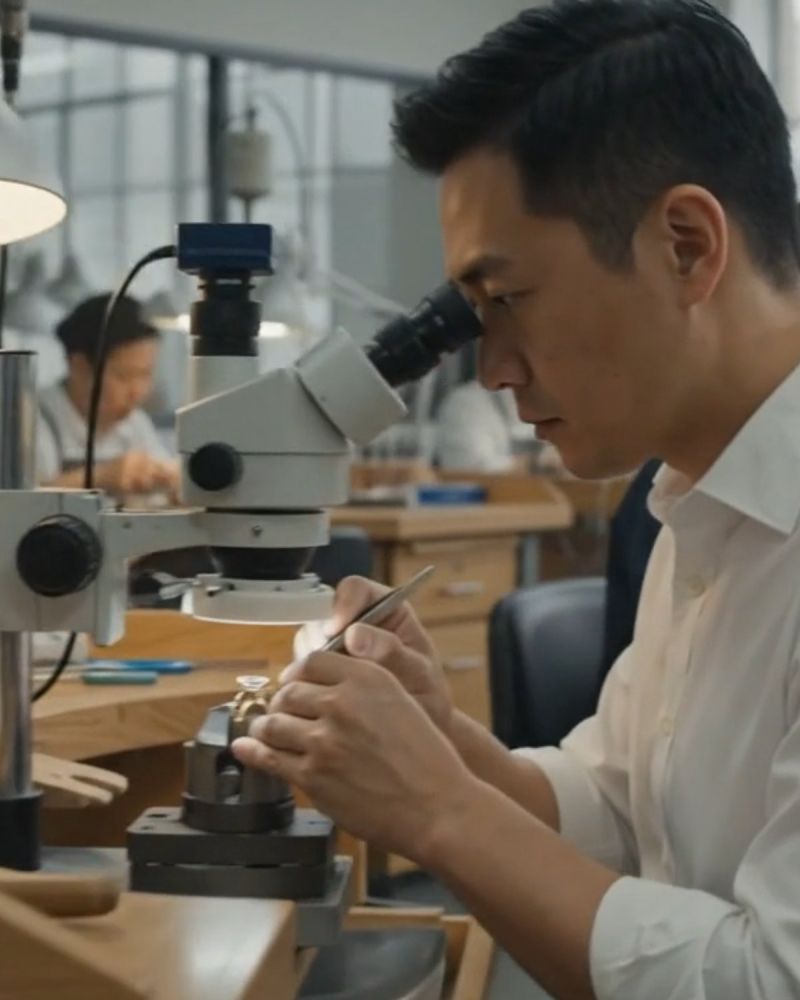 A jeweller setting a stone under a microscope